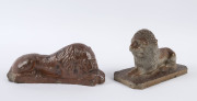 Two Colonial brickwork pottery lion doorstops, ​24cm and 28cm long