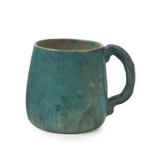 JOLLIFF (F.E. COX) large pottery mug with turquoise glaze, incised "Hand Made By Jolliff, F.E.C. 1926", ​11cm high, 14cm wide
