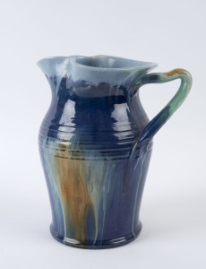 REMUED blue glazed tall pottery jug with incised decoration, marked "Remued 45L", ​24.5cm high