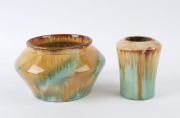 CORNWELL'S POTTERY: Two vases glazed in green, brown and yellow, ​the larger 12cm high, 19cm wide