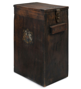 WW1 period ordinance box, stained timber with brass fittings and royal cypher, 54cm high, 42cm wide, 25cm deep