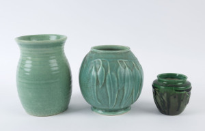 MELROSE WARE ribbed green glazed vase plus two gumleaf vases, (3 items) marked "Melrose Ware, Australian", the largest 17cm high