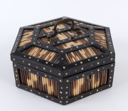 An Anglo-Ceylonese hexagonal box, porcupine quill, ebony and bone, 19th/20th century, 12cm high, 23cm wide, 19.5cm deep