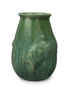 MELROSE WARE pottery fish vase with unusual green glaze, stamped "Melrose Ware, Australian", ​21.5cm high