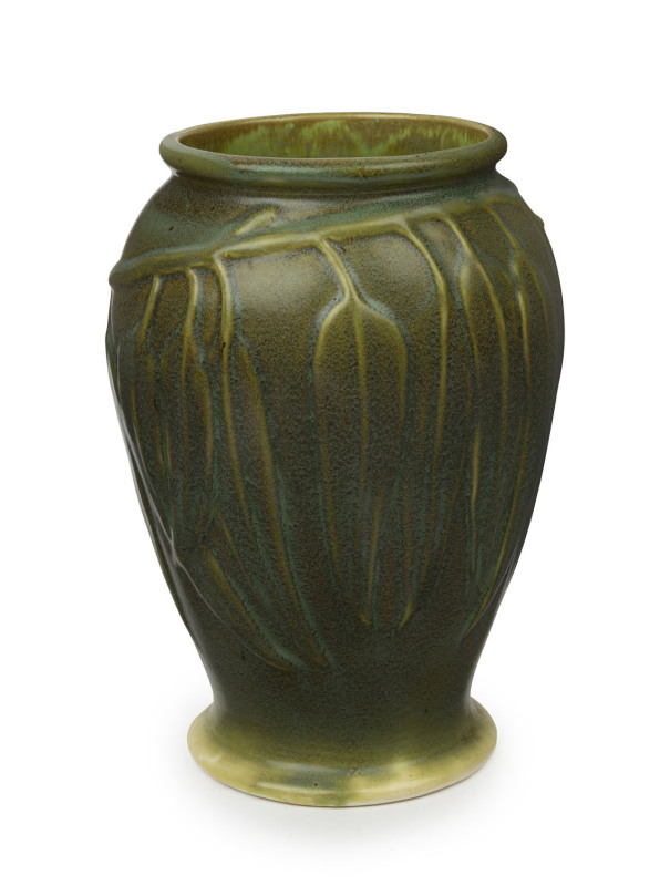 MELROSE WARE green glazed pottery vase with gum leaves, stamped "Melrose Ware, Australian", ​24cm high