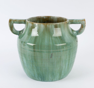 JOHN CAMPBELL green glazed pottery vase with two handles, old staple repairs, incised "John Campbell, Tasmania, B30", 18cm high, 23cm wide