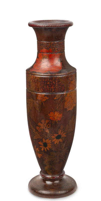 Australian huon pine pokerwork vase with opium poppy decoration, circa 1920, ​an impressive 49cm high