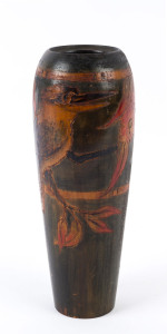 Australian huon pine pokerwork vase with kookaburra and gum blossom decoration, circa 1920s, ​25.5cm high