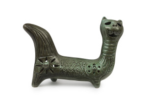 McLAREN pottery cat statue with green glaze, incised "McLaren", ​16.5cm high, 24cm wide