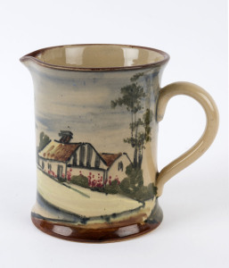 P.P.P. (Preston Premier Pottery) jug with hand-painted cottage scene, circular factory mark "P.P.P.", ​12.5cm high, 15cm wide