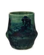 MERRIC BOYD pottery vase of ovoid form with hand-painted landscape scene glazed in green and blue, incised "Merric Boyd, 1924", ​14cm high, 14cm wide