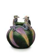 DAVID C. LYONS Australian pottery vase with kookaburras, gumnuts and leaves, incised "D.C. Lyons, Australia", ​23.5cm high