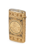 EUREKA gold vesta case. Superbly crafted 18ct gold with engraved Britannia figure inscribed "Eureka", with black enamel decoration and gold ore mineral specimen inset lid. ​5.5cm high, 23.75 grams total