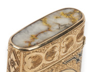 EUREKA gold vesta case. Superbly crafted 18ct gold with engraved Britannia figure inscribed "Eureka", with black enamel decoration and gold ore mineral specimen inset lid. ​5.5cm high, 23.75 grams total - 3