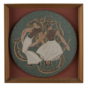 KLYTIE PATE rare pottery plaque with dancing figures titled "Ballantyne" on the back, incised "Klytie Pate", 25cm diameter