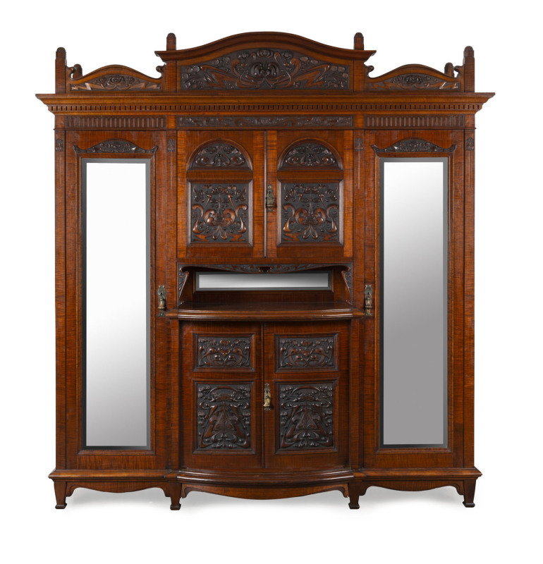 ROBERT PRENZEL (attributed) "WARATAH" bedroom suite. A superb example of Australian Arts & Crafts design and manufacturing, utilizing the finest cuts of Tasmanian fiddleback blackwood. Comprising a stunning beaconsfield robe, bedside cabinet, two side ch