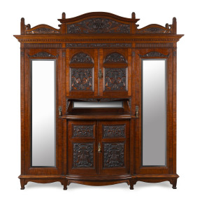 ROBERT PRENZEL (attributed) "WARATAH" bedroom suite. A superb example of Australian Arts & Crafts design and manufacturing, utilizing the finest cuts of Tasmanian fiddleback blackwood. Comprising a stunning beaconsfield robe, bedside cabinet, two side ch