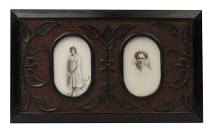 An Australian folk art carved double picture frame with gumnuts and leaves, early 20th century, reverse carved "A.D. 1912", ​24 x 40.5cm