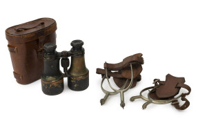 AUSTRALIAN LIGHT HORSE INTEREST. Pair of binoculars in leather case with silver plaque "LIEUT. T.S. HOWARD 8th L.H. 3rd Aust. Imp. Exped'y. Force From Chief And Staff Of J.F.C. Jan. 1915". Plus two pairs of Light Horse spurs