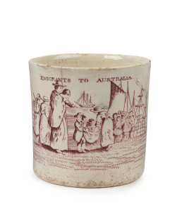 "EMIGRANTS TO AUSTRALIA" Staffordshire transfer porcelain mug, circa 1840, ​7cm high, 9.5cm wide