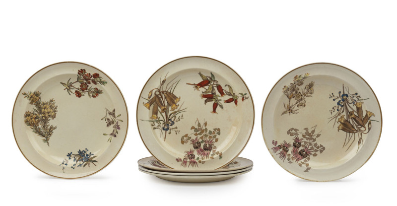 WEDGWOOD "Australian Flora" rare set of 6 porcelain dinner plates, circa 1880, stamped "Wedgwood, Australian Flora", 25cm diameter