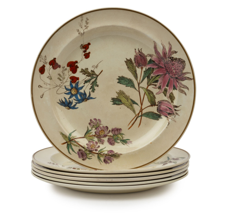 WEDGWOOD "Australian Flora" rare set of 6 porcelain entrée plates, circa 1880, stamped "Wedgwood, Australian Flora", 23cm diameter