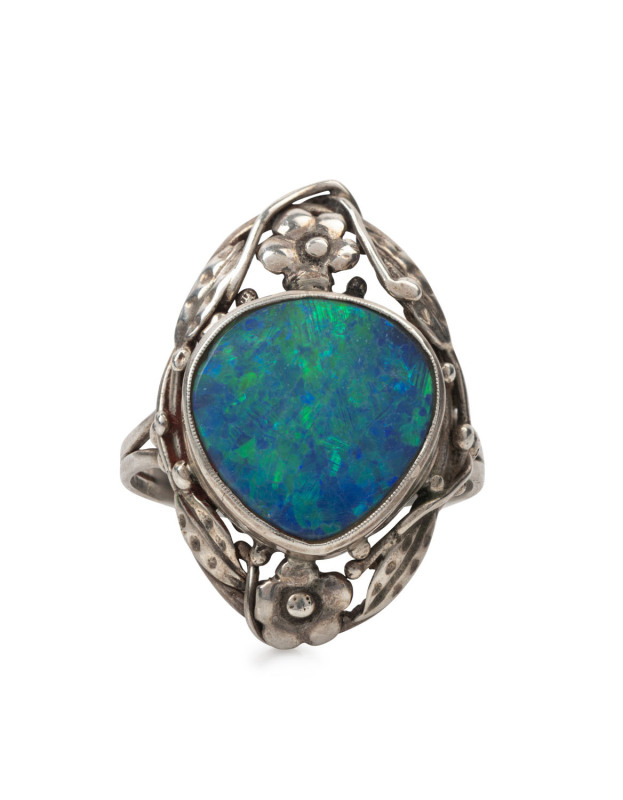 An Australian sterling silver and fine black opal ring most likely the work of Rhoda Wager