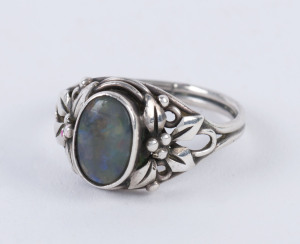 Australian sterling silver and oval  cut black opal ring attributed to Rhoda Wager