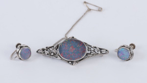 Australian sterling silver and black opal doublet brooch and matching earrings attributed to Rhoda Wager ​the brooch 5cm wide