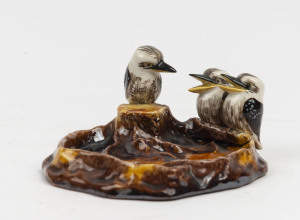GRACE SECCOMBE pottery tree stump dish with three kookaburras, incised "Grace Seccombe N.S.W. Australia", 7.5cm high, 13.5cm wide