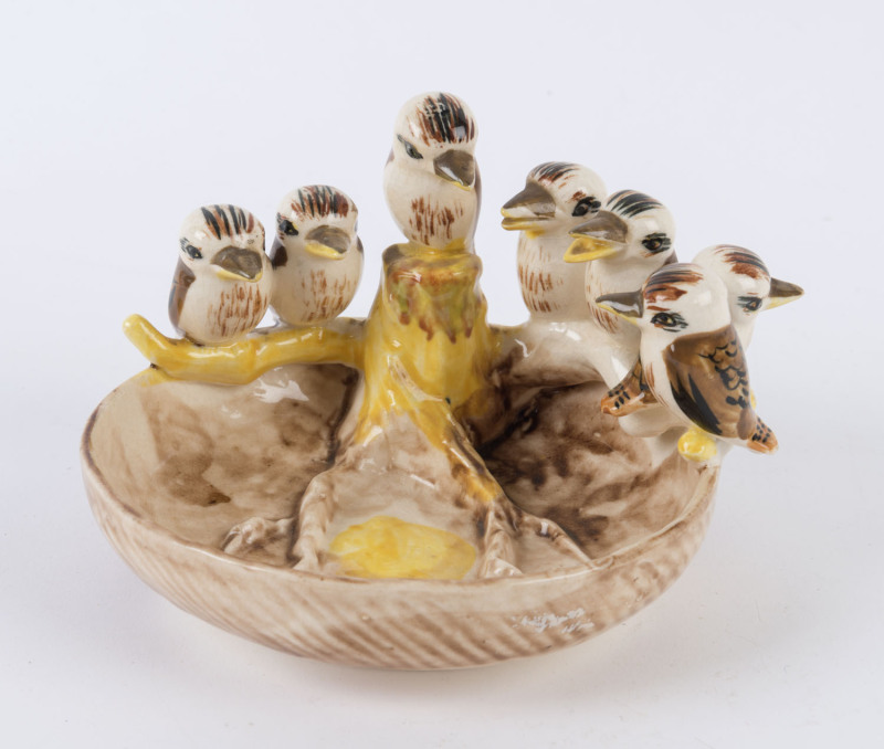 Grace Seccombe style "Seven Little Australians" kookaburra dish, ​11cm high, 16cm wide