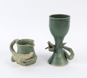 HELLFIRE POTTERY jug and goblet with crocodile decoration, Australian map impressed mark "Heflfire", 9.5cm and 20cm high