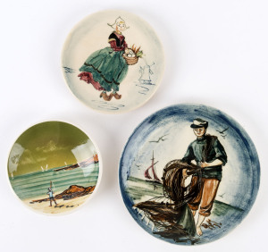 MARTIN BOYD pottery dish with Dutch maiden and two pottery fishermen dishes, (3 items), two incised "Martin Boyd", one not signed, 12.5cm, 13.5cm and 18cm diameter