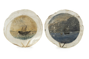Two antique pearl shells with hand-painted ship scenes, 19th century, 14 x 15cm