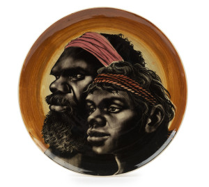 MARTIN BOYD pottery plate with Aboriginal father and son, incised "Martin Boyd, Australia", 37.5cm diameter
