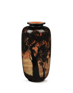 Australian hand-painted porcelain vase with sunset landscape, Adelaide, South Australian origin, signed "Lois Laughton", 28cm high, 14cm wide