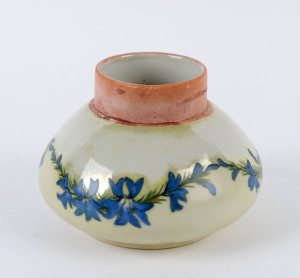 Australian Arts and Crafts hand-painted porcelain vase with Geraldton wax motif by MAY CREETH, Western Australian origin, signed "M.Creeth. Leschenaultia, W.A.", ​10cm high, 14cm wide