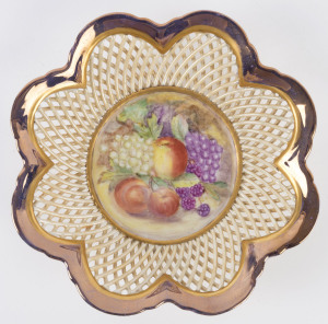 Australian hand-painted pierced porcelain basket with fruit motif, signed "Maida Wright", 6cm high, 26cm wide