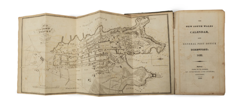 RAYMOND, James (compiler), The New South Wales Calendar and General Post Office Directory,1832, [Sydney, Stephens & Stokes, 1832.] Octavo, original green cloth, remnants of original paper label to spine; front pastedown with early binder's ticket of Willi