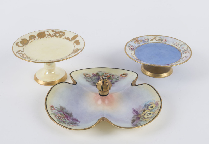 Two hand-painted porcelain compotes and a savory dish, all signed "Mamie Venner", the largest 18cm wide