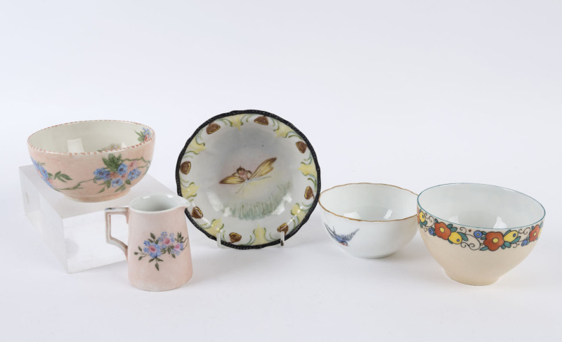 Four assorted hand-painted porcelain bowls and a floral cream jug (5 items), signed "Maida Wright", "C. Jarvis" and "J. C. Laught", the jug 7cm high