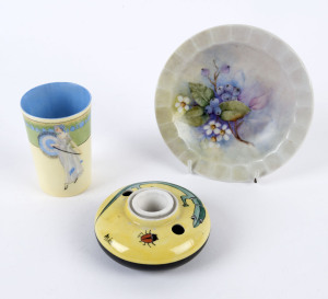 Hand-painted porcelain beaker, ink pot and floral dish, (3 items), ​the beaker 8cm high