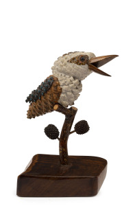 Folk Art kookaburra statue, painted pinecones, casuarina wood and nuts, early 20th century, 23cm high