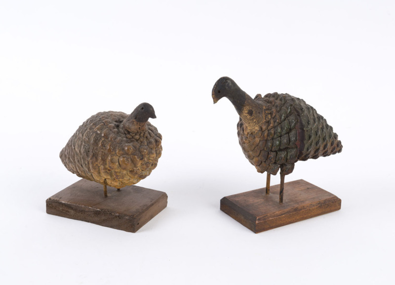 Pair of Folk Art bird statues, painted pinecones on timber bases, early 20th century, the taller 12cm high