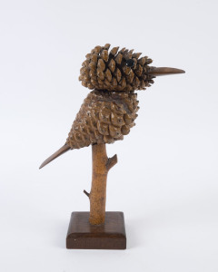 Folk Art kookaburra statue, pinecone on timber base, early 20th century, 25cm high