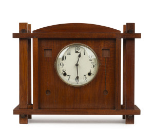 An Australian Arts & Crafts cased mantel clock, fiddleback blackwood with maker's plaque "Duff", retailed by Dunklings, 34cm high, 32cm wide, 13cm deep