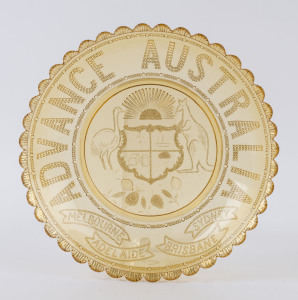 ADVANCE AUSTRALIA centennial pressed amber glass bowl, circa 1888, 24cm diameter