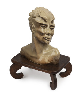 KLYTIE PATE pottery bust of Nijinsky as a fawn, originally exhibited at Kozminsky's Gallery, Melbourne, October, 1941, incised "Klytie Pate" with additional oak stand, the bust 16cm stand, 16cm wide