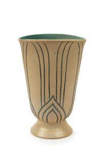 KLYTIE PATE pottery vase with incised decoration and blue interior, signed "Klytie Pate", 23cm high, 15.5cm wide