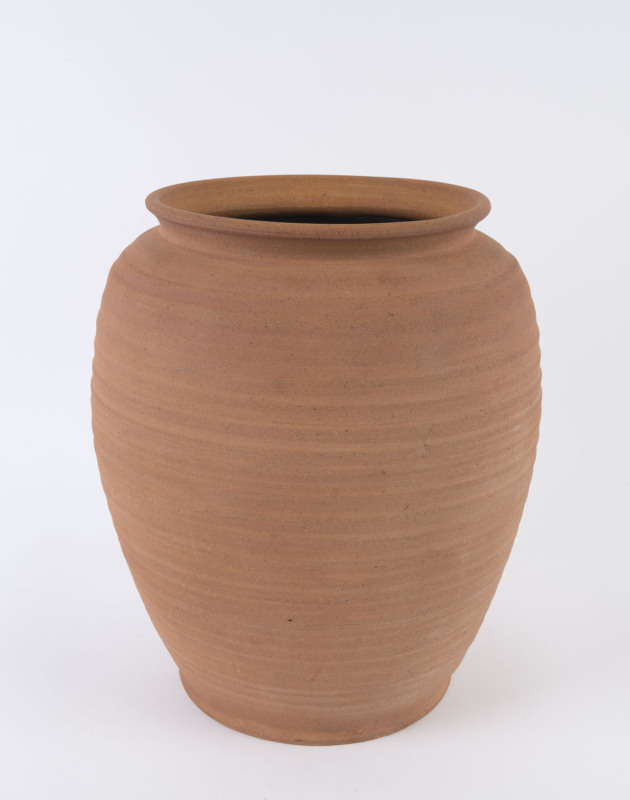 HAROLD HUGHAN pottery vase with grey glazed interior, signed "Hughan" with Glen Iris monogram. 26.5cm high, 23cm wide